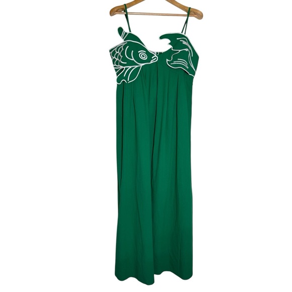 Commense Green Koi Fish Appliqué Midi Dress NWT XL Cotton Farm Rio Inspired - Picture 3 of 8